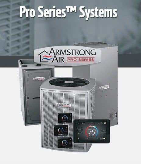 Image of Armstrong Air Pro Series Systems, featuring an air conditioning unit, a heating unit, and a digital thermostat. The equipment is labeled with the Armstrong Air Pro Series logo. Perfect for those in need of reliable air conditioning repair in Nassau County NY.