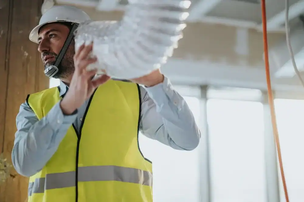 A construction worker wearing a white hard hat and yellow safety vest holds a flexible air duct, representing an HVAC Contractor Nassau County, NY, inside a building under construction.