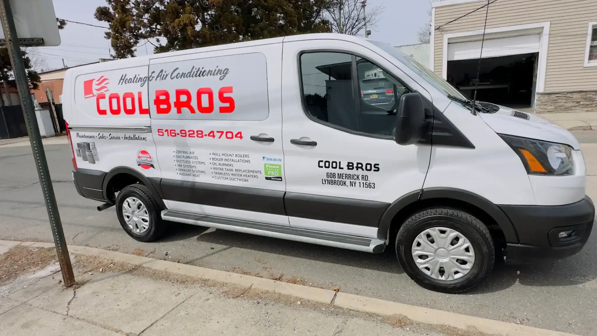 A white van with "COOL BROS Heating & Air Conditioning" branding and contact details is parked on a street. The vehicle lists services, company address, and highlights its role as an HVAC Contractor in Nassau County, NY.