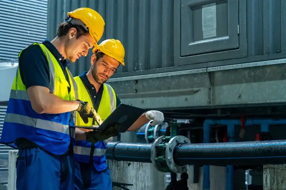 Two male workers wearing yellow hard hats and safety vests inspect industrial pipes and equipment for an HVAC Contractor Nassau County, with one holding a clipboard and the other pointing at it in this NY facility setting.