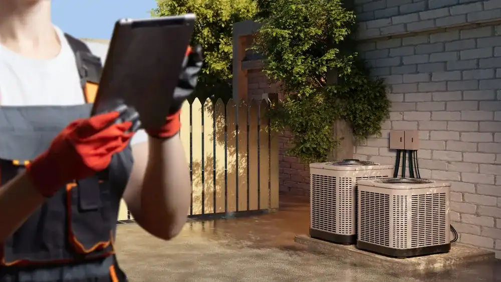 A person in work overalls and red gloves, likely an HVAC Contractor in Nassau County, NY, holds a tablet in the foreground as two outdoor air conditioning units sit beside a wooden fence and brick wall in a sunny yard.
