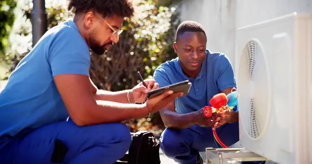 Two technicians in blue uniforms work on an outdoor air conditioning unit; one writes on a clipboard while the other checks gauges, representing a skilled HVAC Contractor Nassau County team servicing NY homes.