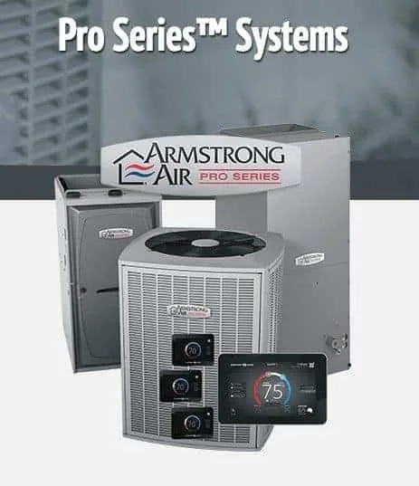 Armstrong Air Pro Series systems with central air unit and thermostat.