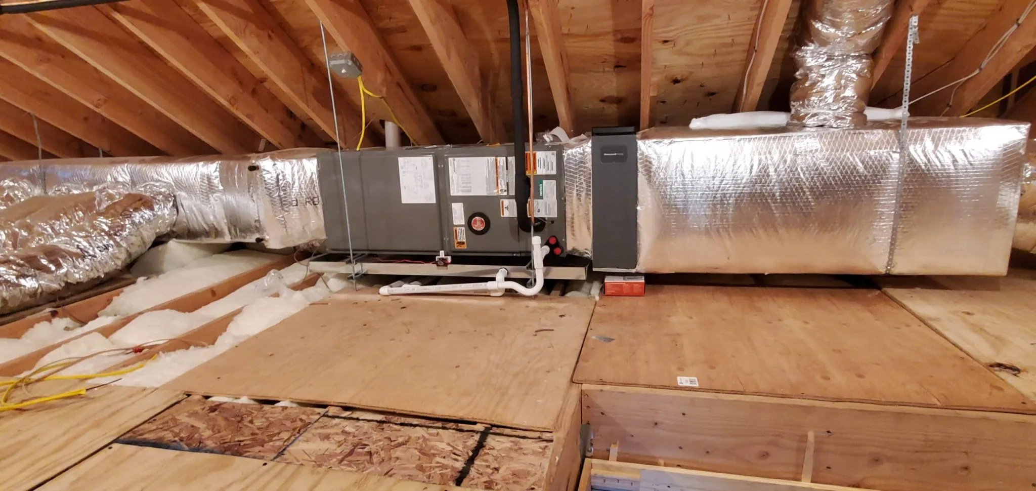 HVAC system with ductwork installed in an attic space.
