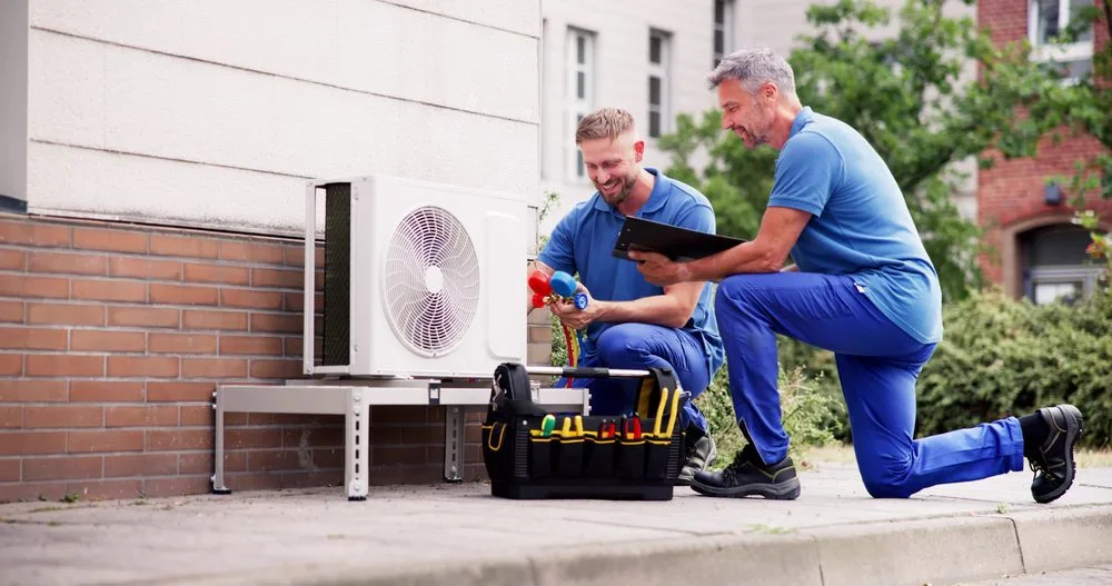 Two HVAC technicians working on an outdoor air conditioning unit.