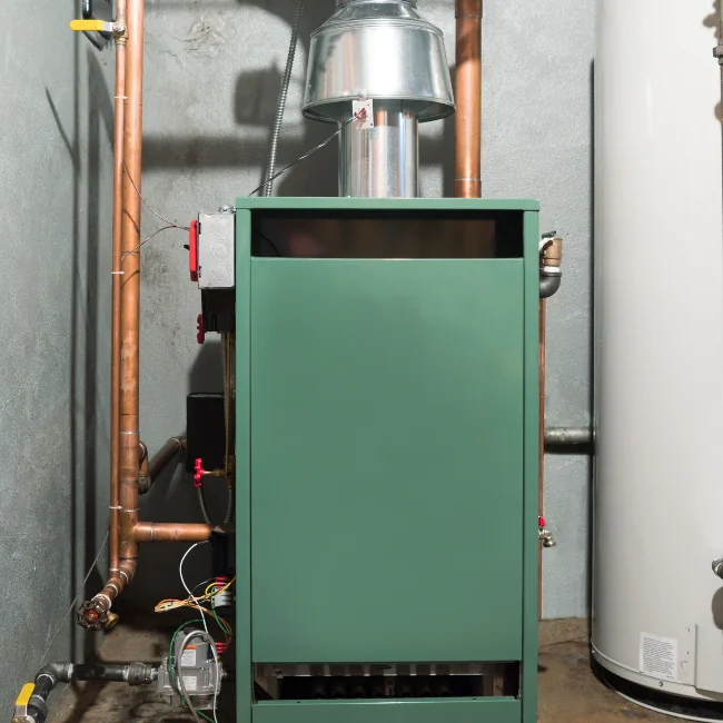 Green gas furnace installed in a basement with copper pipes.